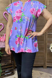 GJQ15842  Fuchsia multi color floral printed V-neckline short sleeve w/ruffle women purple tops