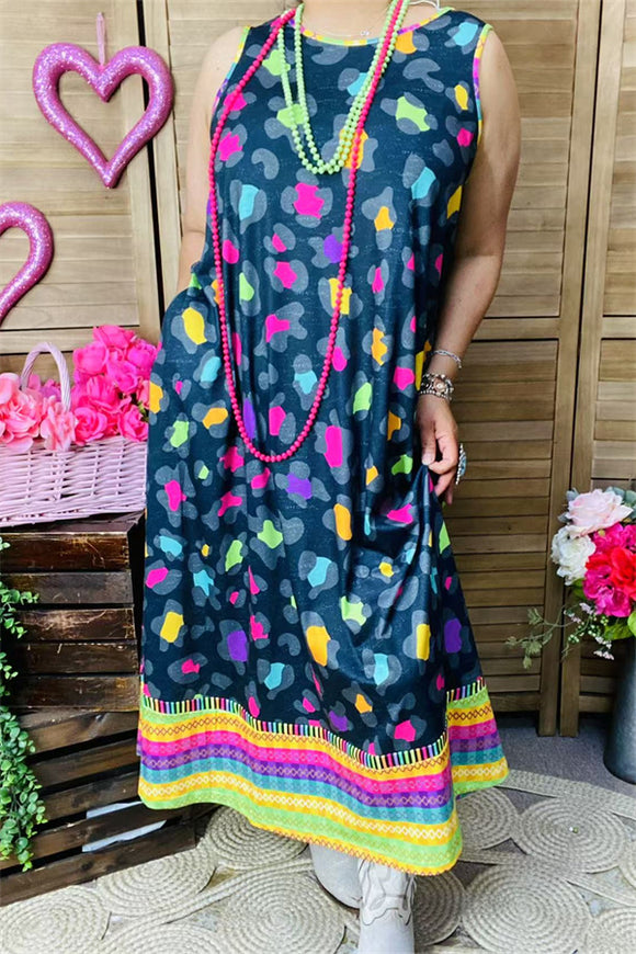 GJQ15301 Serape bottom&leopard multi color printed sleeveless w/side pockets women dress