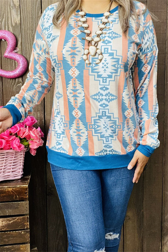 GJQ10223 Solid blue neckline/cuff/hem &Aztec multi color printed long sleeve women top(AS5)