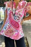 BQ15642 Paisley multi color printed short sleeve/ruffle V-neckline women tops