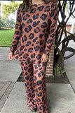 BQ15604 Black&brown leopard printed long sleeve top&pant 2pcs tan women set