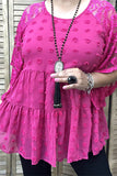 Women's blouse Fuchsia dots & lace short sleeve baby doll women top BQ15351