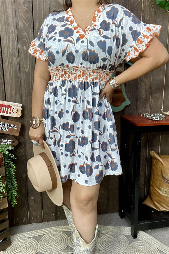 GJQ15677 Orange ruffle&elastic band w/black multi color printed short sleeve women dresses w/side pockets