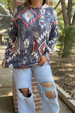 XCH15690 Aztec multi color printed women hoodie/tops w/string&front pockets long sleeve