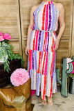 GJQ13495 Multi color striped printed sleeveless maxi dress w/side pockets&waist straps