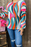 YMY15526 Teal/turquoise multi color printed wave shape long sleeve/elastic cuff women tops