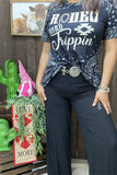 XCH14181 "Rodeo Road Trippin" words&paisley white printed short sleeve black women top (GS6)