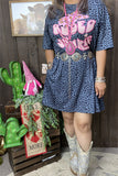 XCH14470 Hat pink graphic printed short sleeve w/side pockets women blue leopard dresses