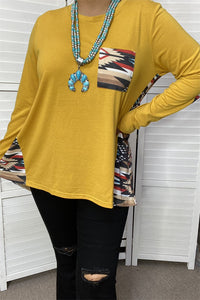 GJQ11338 Yellow & Aztec multi color printed long sleeve women top w/front pocket(FS10)