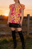 GJQ15987 Fuchsia&mint leopard printed yellow background women tops short sleeve w/double ruffle ES3Floor