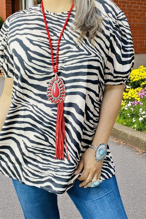 Shop Black zebra printed bubble short sleeve women tops GJQ15742