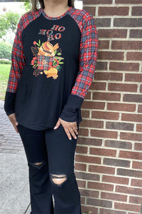 DLH10183 HO HO HO Cute cup of tea printed black women t-shirt w/plaid long sleeves (HS3 )