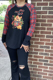 DLH10183 HO HO HO Cute cup of tea printed black women t-shirt w/plaid long sleeves (HS3 )