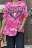 DLH12327  Red/black Leopard heart printed pink short sleeve women top