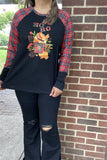 DLH10183 HO HO HO Cute cup of tea printed black women t-shirt w/plaid long sleeves (HS3 )