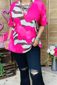 XCH15809 Zebra printed short sleeve women fuchsia tops