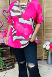 XCH15809 Zebra printed short sleeve women fuchsia tops