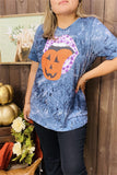 DLH10080 Spooky tongue&mouth tie-dye blue short sleeve women tops IS5