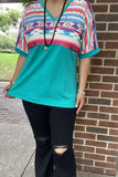 GJQ9673-2 Bull/Aztec&Turquoise block solid color printed short sleeve women top