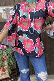 GJQ15749 Turquoise/Fuchsia/Orange floral printed 3/4 sleeve w/side split women black tops w/v-neckline