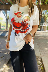 XCH15739 Santa Claus printed for Christmas holiday short sleeve women tops