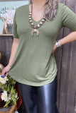 GJQ15508 Green solid color short sleeve V-neckline wholesale women tops