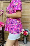 GJQ15843 Yellow floral multi color printed short sleeve V-neckline women tops w/side slits