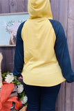 BQ15467 Block yellow&black color knitted fabric hoodie w/string&buttons long sleeve women tops