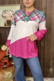 XCH15251 Colorful checked fuchsia&white block printed long/tighten cuff sleeve women tops