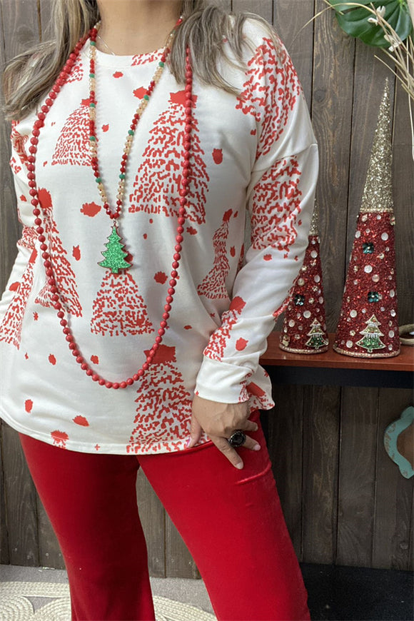 DLH15337 Wholesale red Christmas trees prints long sleeve women top