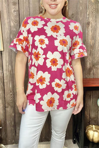 GJQ14049 Flower printed women top w/double ruffle short sleeve(BS7)