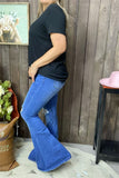 S011 Scratch hole on the knee blue straight w/bell bottom women jean/pants