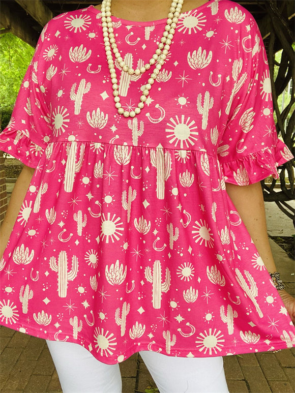XCH14993 Cactus printed in the fuchsia fabric ruffle short sleeves baby-doll women blouse