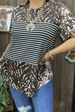 XCH11164 Brown leopard & black/white striped printed short sleeve women top (DS4)