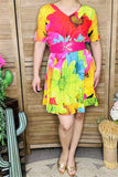 GJQ15888 Colorful big floral printed short sleeve women dress w/side pockets &elastic waist band