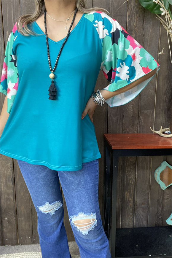 XCH15714 Mint multi color printed short /bell sleeve turquoise body color women tops &raglan design