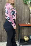 XCH14656 Half big leopard&block solid color black printed w/pink side sequin long sleeve women tops w/v-neckline