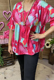 XCH15921 Fuchsia/mint multi color graphic printed drop-shoulder short sleeve baby doll women blouse