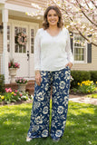 Navy blue floral printed wide leg casual womens pants GJQ16928(CLEARENCE)
