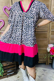 GJQ15746 Leopard printed fuchsia/black solid color short sleeve women dress w/side pockets