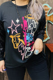 XCH15788 Yellow horse/Fuchsia cactus multi color graphic embroidery  long sleeve w/black sequin women tops