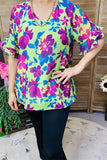 BQ15859 Teal&Turquoise multi color floral printed short sleeve w/double ruffle women mints tops