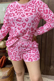 XCH15623 Fuchsia leopard printed long sleeve tops&short/string&side pockets 2pcs women sets