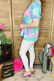 XCH15900 Turquoise&pink&purple multi color printed V-neckline w/colorful trim short sleeve w/tight cuff women tops