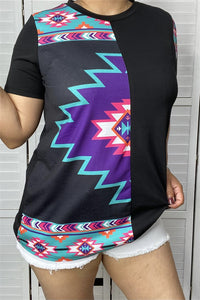 XCH11908 Black half multi color Aztec printed short sleeve women top(BW