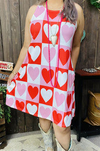 BQ14560 Pink/White/Red hearts printed sleeveless women dress w/side pockets