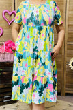 GJQ15229 Turquoise/D.green multi color printed short sleeve women dress w/elastic breast &side pockets