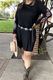 BQ15496 Long sleeve/ Multi color embroidery w/side pockets women black dresses