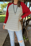 BQ15480 Black/white stripe printed solid red long sleeve women top w/raglan design