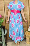 XCH15912 Fuchsia multi color floral printed short sleeve w/double trim long women blue dress w/side pockets